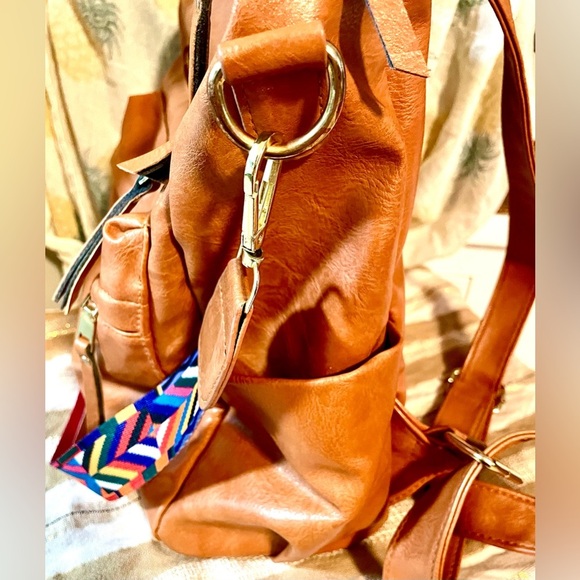 Boho Convertible Backpack Purse — Vegan Leather Camel Tan Bag with Aztec Strap - Picture 10 of 15